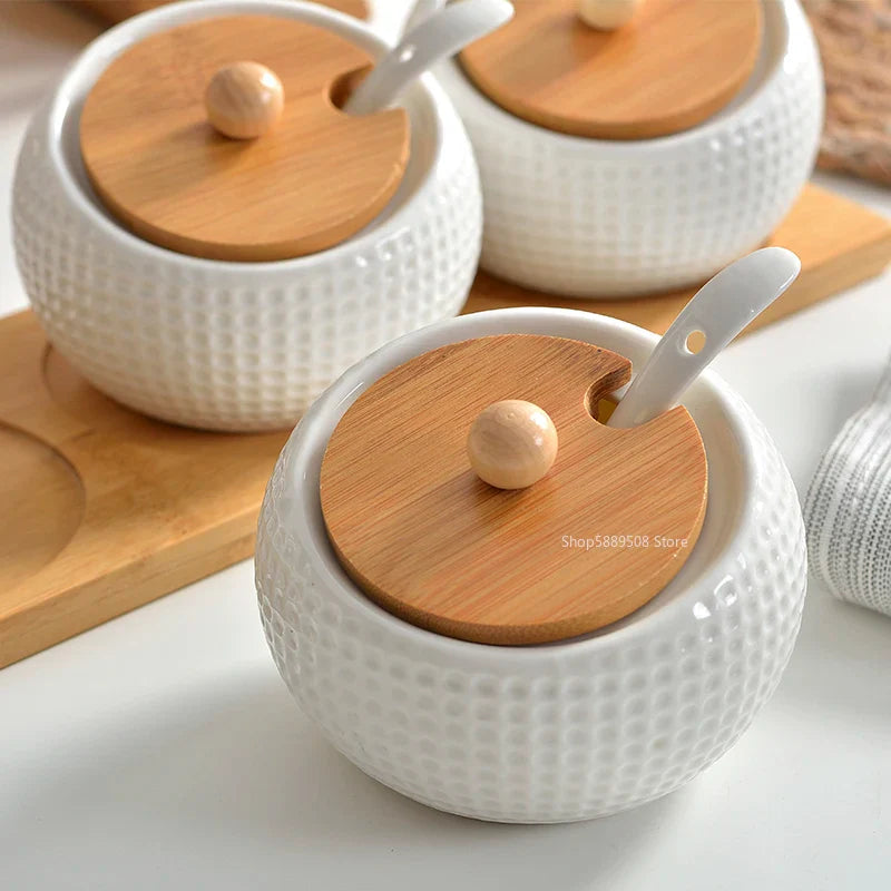 Recipiente de Condimento de Porcelana com Tampas de Bambu